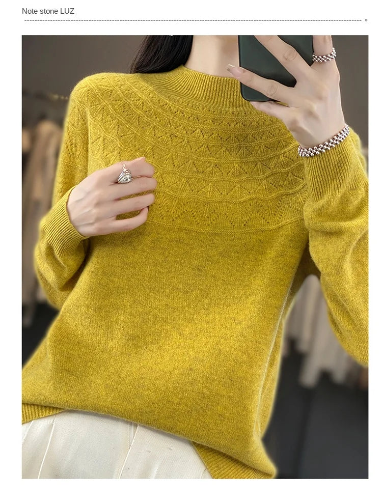 2024 New Line Of Garment Hollowed Out Half Height Women's High-grade Woolen Sweater 100% Pure Wool Multi-color Option WQ