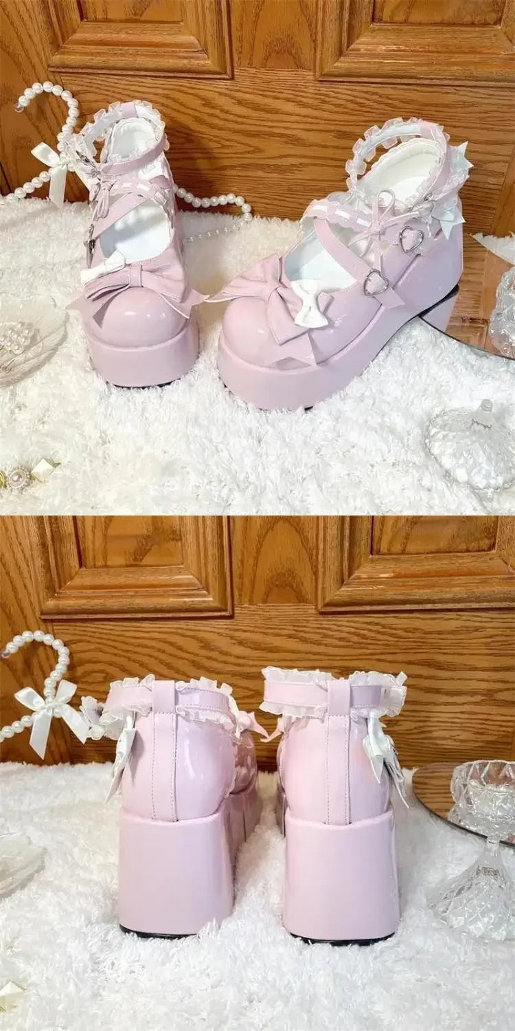 Lace Bowknot White Lolita Shoes for Women 2025 Heart Buckle Platform Mary Janes Woman Japanese Style Patent Leather Jk Shoes