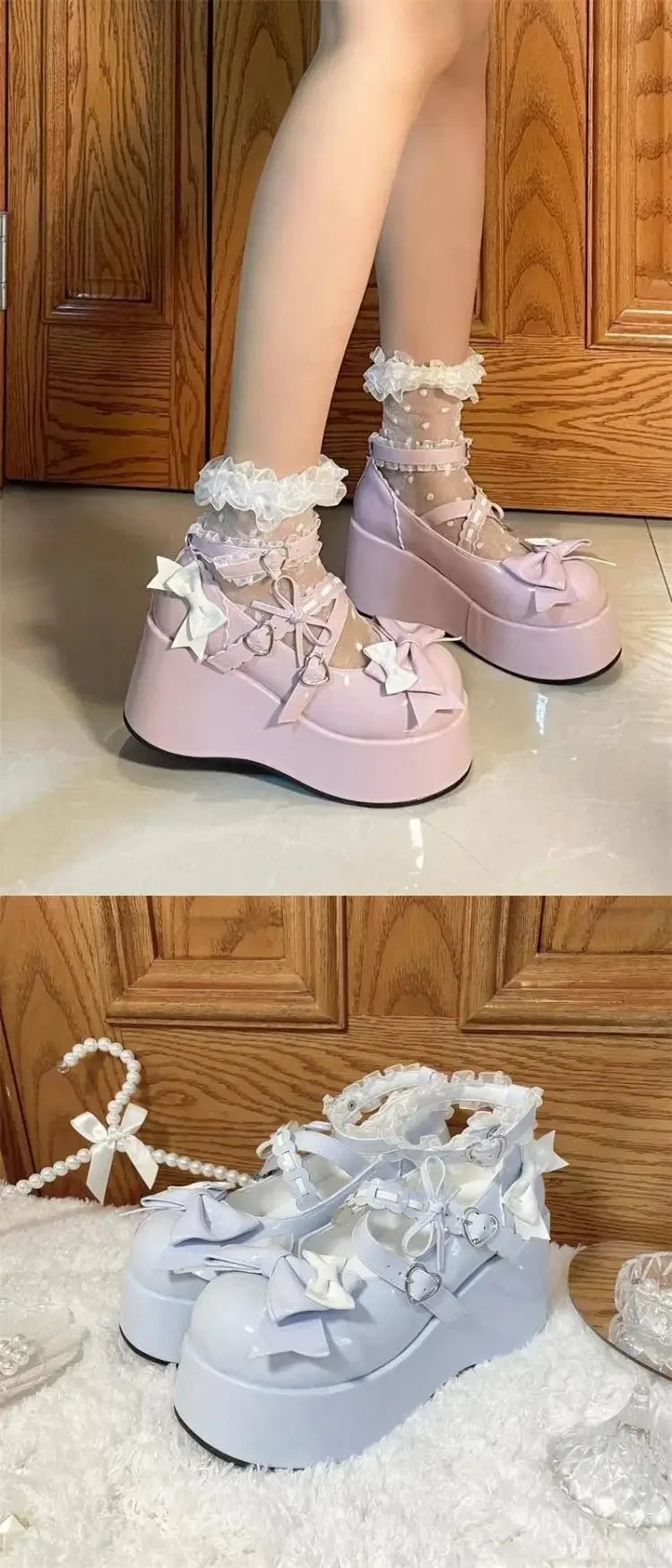 Lace Bowknot White Lolita Shoes for Women 2025 Heart Buckle Platform Mary Janes Woman Japanese Style Patent Leather Jk Shoes