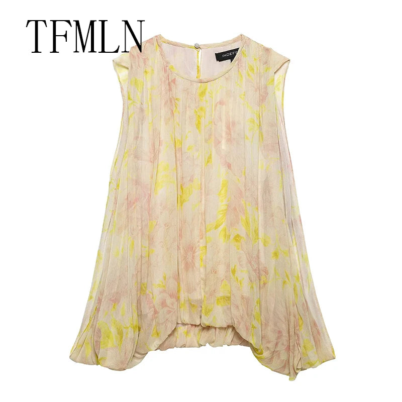 TFMLN Summer Luxury High-End Women Shirt 2025 New Puff Sleeve Chiffon Blouse Back Button Fashionable Feel Beach StylePrint Tops