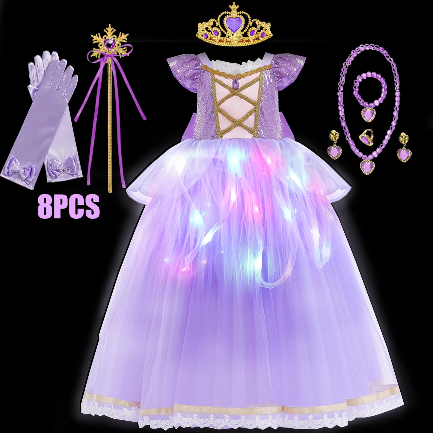 Girls Princess Costume Purple Rapunzel LED Light Up 2PCS Dress Fancy Birthday Carnival Party Elegant Children Clothing Halloween