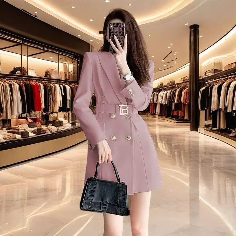 2025 New Spring Autumn Chic Casual Outwear Jacket Outwear Women's Belt Medium Long Double Row Long Sleeve Professional Suit Tops