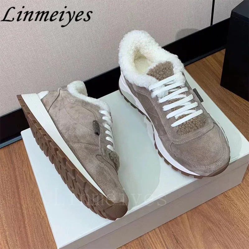 Casual Fur Sneakers Women Outdoors Run Shoes Round Toe Lace Up String Bead Flat Shoes Female Winter Wool Warm Sports Shoes Woman