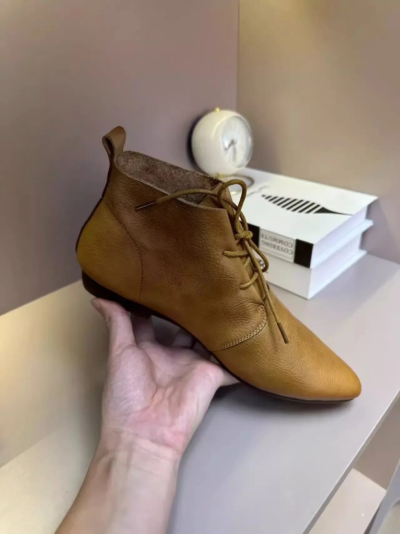 2024Women Flat Short Boots Lace Up Pointed Toe Motorcycle Ankle Booties Autumn Female Soft Sole Casual Shoes Botas De Mujer