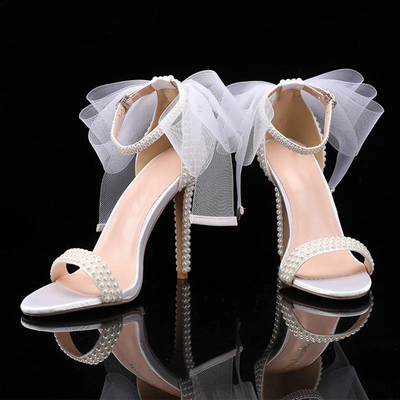 Summer New brand Fashion Bowknot Beading Women Gladiator Sandals Luxury Pearls White thin High heels Wedding Bridal Party Shoes