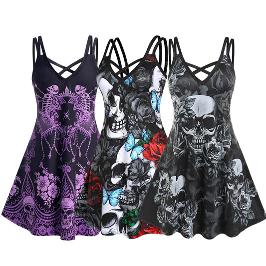 ROSEGAL Halloween 3D Printed Dresses Plus Size Crisscross Skull Print Dress Summer Casual Sleeveless Vestidos 5XL
