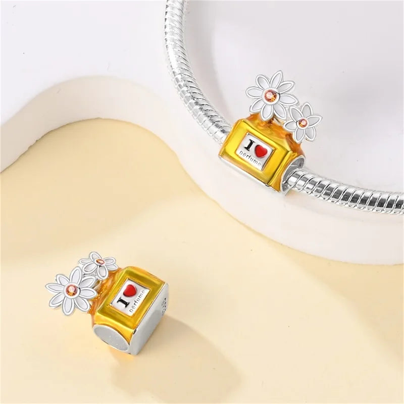 Original S925 Silver Romantic Pink Crown Perfume Bottle Charms Beads Fit Qikaola Bracelets Fine DIY Jewelry Valentine's Day Gift
