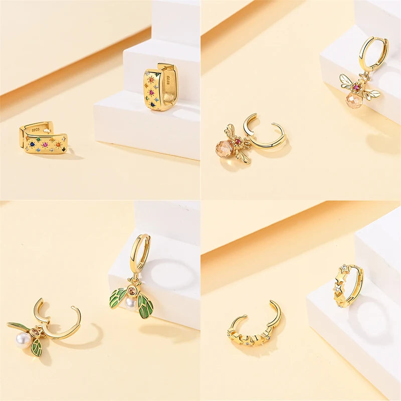 New in 925 Silver Color Gold Pearl Bee Irregularity Star Moon Earrings For Women 2024 Trending Fashion Jewelry Birthday Gifts