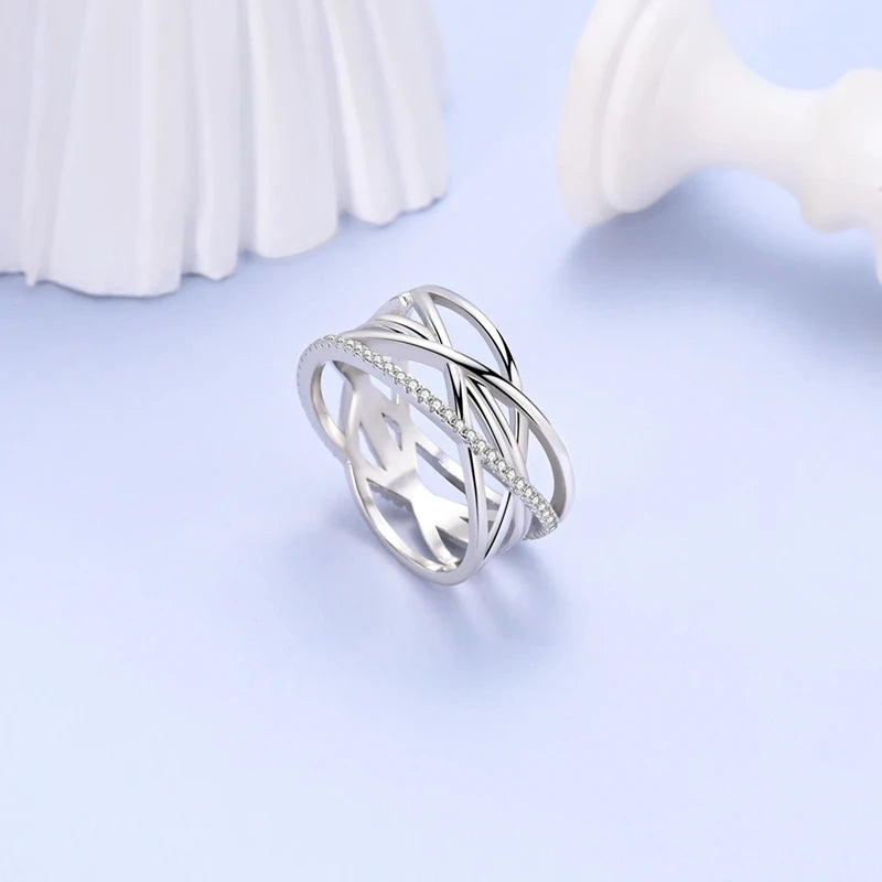 Rings 925 Silver Interwoven Line Rings Zircon Geometric Winding Rings Romantic Engagement Wedding Valentine Fine Jewelry Gift