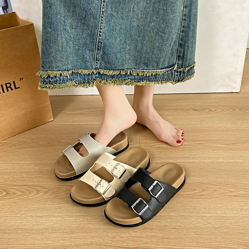 Women's Belted Sandals Roman Style PVC Material Open Toe Metal Decorated Flat Heels Spring Summer Outdoor Wear Fashionable Versa