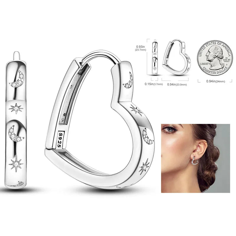 925 Silver Hoop Earrings  For Woman Pendientes Zircon Heart Shape Star Eardrop Original Earring Fashion Jewelry