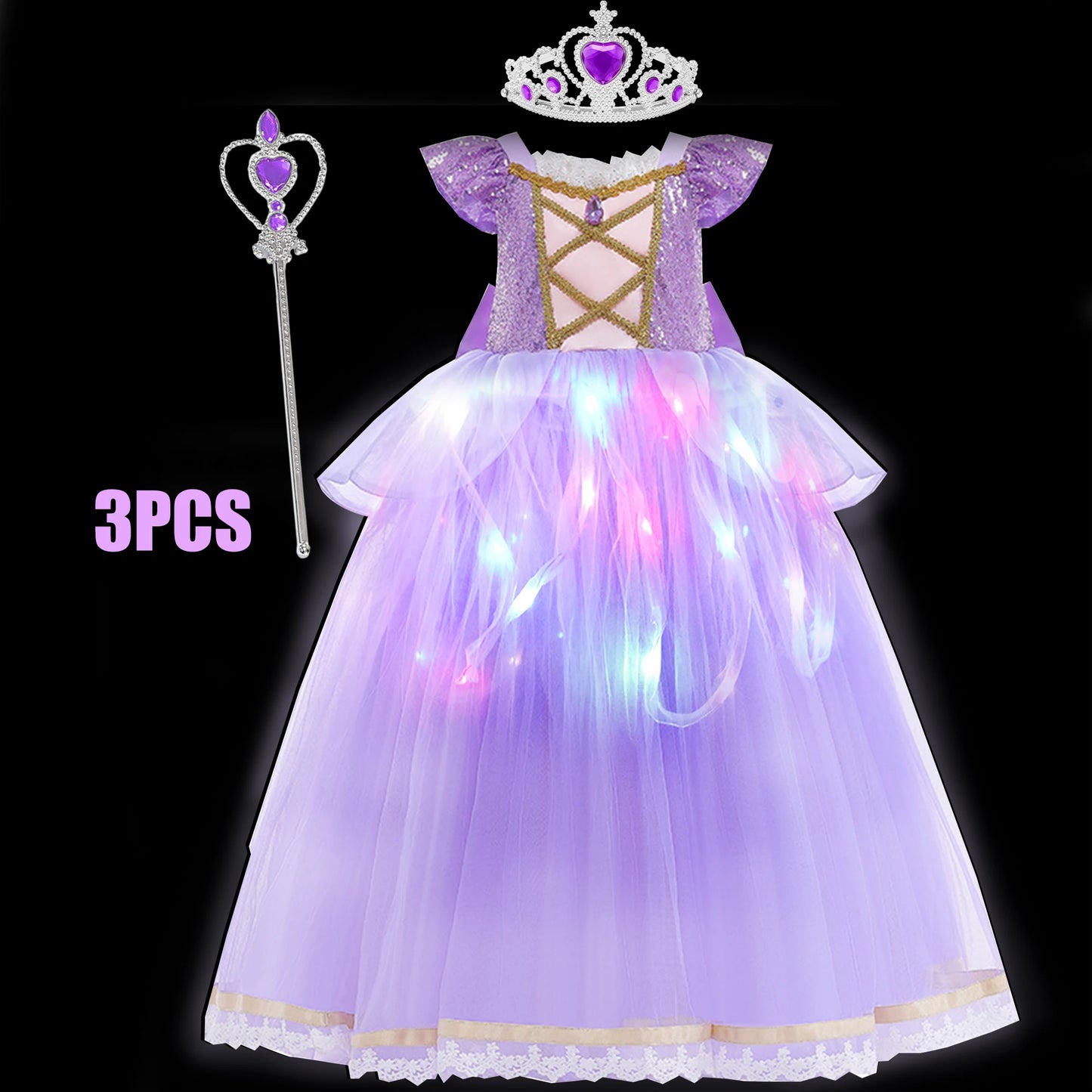 Girls Princess Costume Purple Rapunzel LED Light Up 2PCS Dress Fancy Birthday Carnival Party Elegant Children Clothing Halloween
