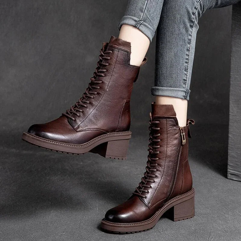 Careaymade 2025 Cow Leather Quality Women Shoes Autumn Winter Square Med Heel Ankle Boots Lace Up Zipper Ladies Pumps Size 35-40