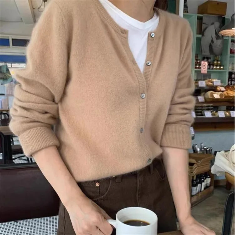 100% pure cashmere cardigan women's new autumn and winter round neck sweater loose Korean knitted sweater short coat