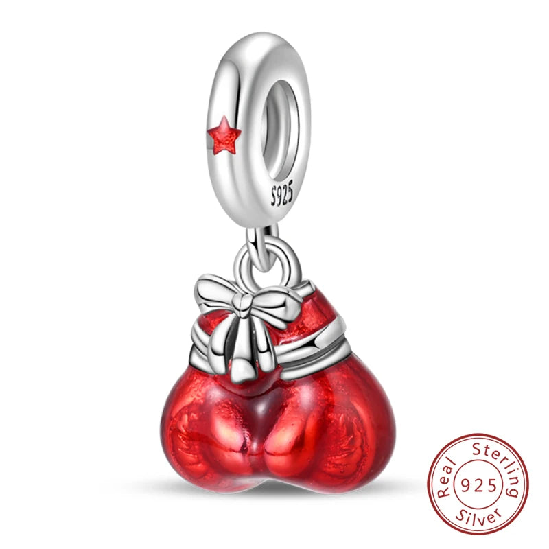 Original 925 Sterling Silver Red Charm Beads Red Wine Chili Dumbbell Pendant For Women Fit DIY Bracelet Birthday Jewelry Gift