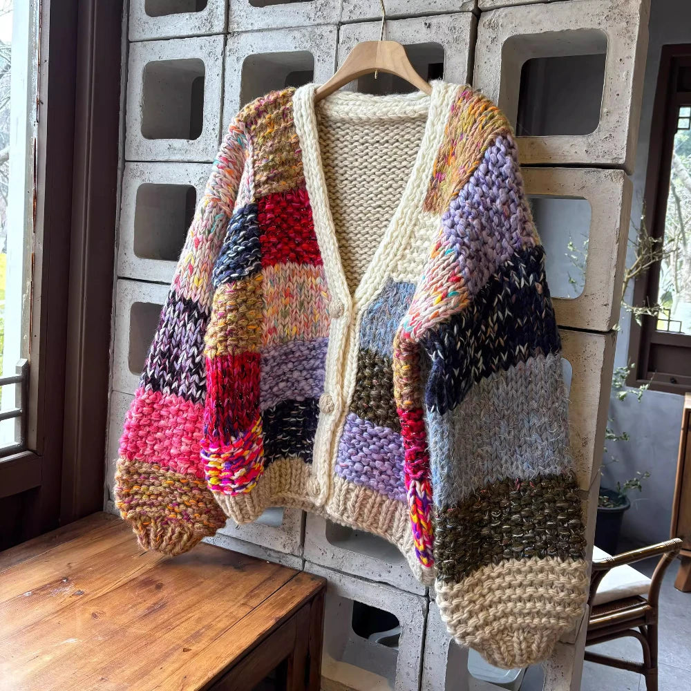 2025 Early Spring Handmade Chunky Knit Patchwork Plaid Cardigan Button Front Vintage Loose Knit Sweater Jacket for Women