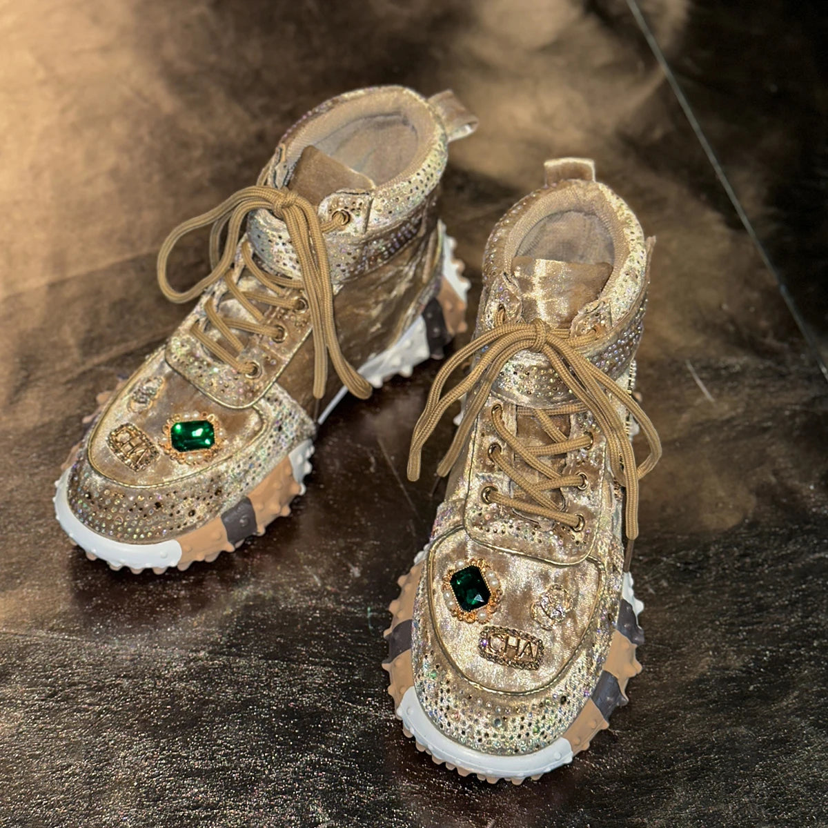 Women Casual Sneakers Luxury Designer Boots Rhinestone Suede High-Top Thick Bottom Shoes Female Tennis Outdoors Walking Shoes