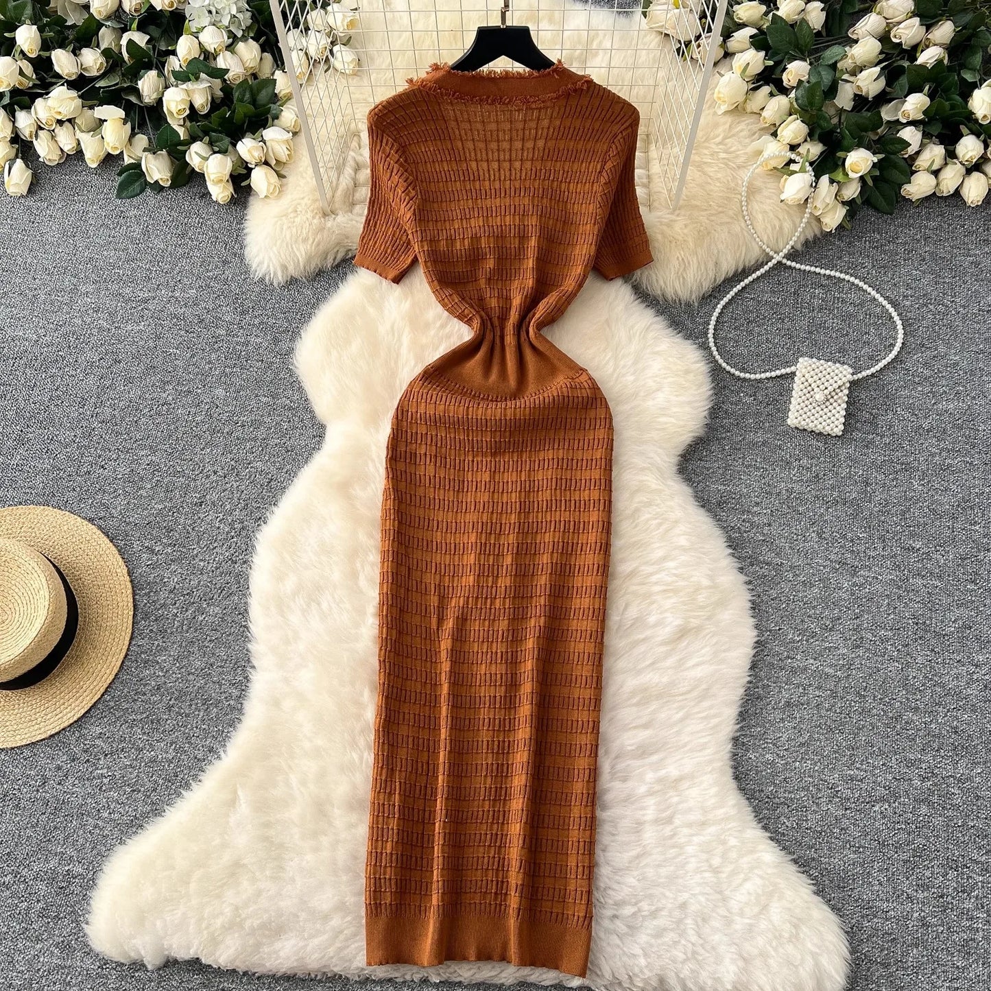 YuooMuoo Women Dress Elegant V-neck Slim Waist Wrap Hips Bodycon Sweater Dress Chic Single-breasted Office Lady Long Shirt Dress