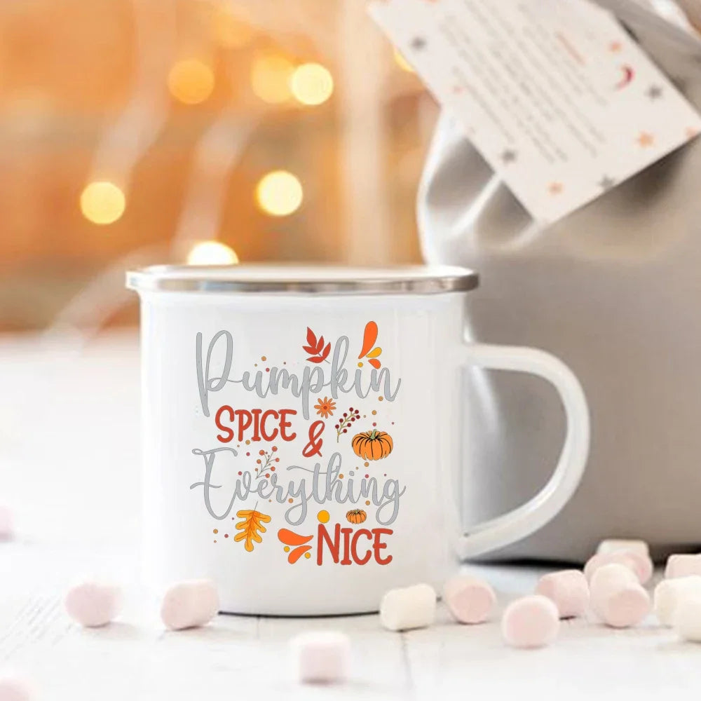 Pumpkin Spice and Everything Nice Enamel Mug Halloween Camping Mug Autumn Home Decor Fall Coffee Mug Festive Gifts for Kids