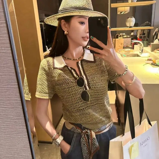 Korean Fashion Niche Design Sense Flip Collar Contrasting Color Top for Women 2025 Summer New Short Sleeved Pullover Trend