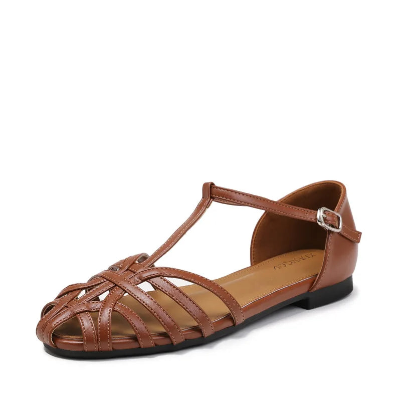 Knitted Hollow Flat Toe Sandals for Women's 2025 New Summer Wear, Breathable One-piece Buckle Fashion Vacation Roman Shoes Women