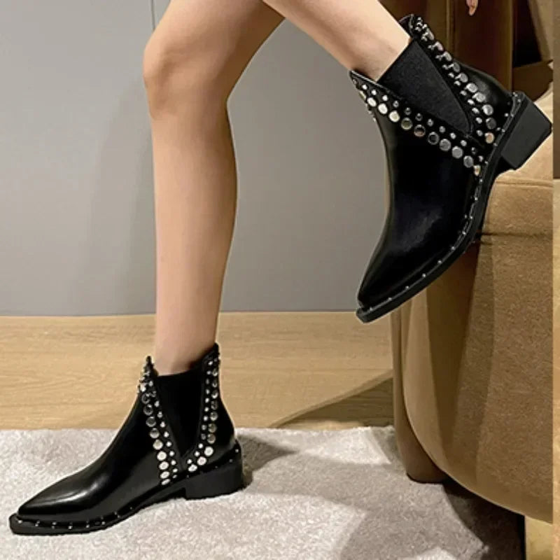 2025New Womens Ankle Boots Sexy Pointed Toe Punk Style Rivet-decorated Women's Knight Boots Winter Warm and Fashion Short Boots