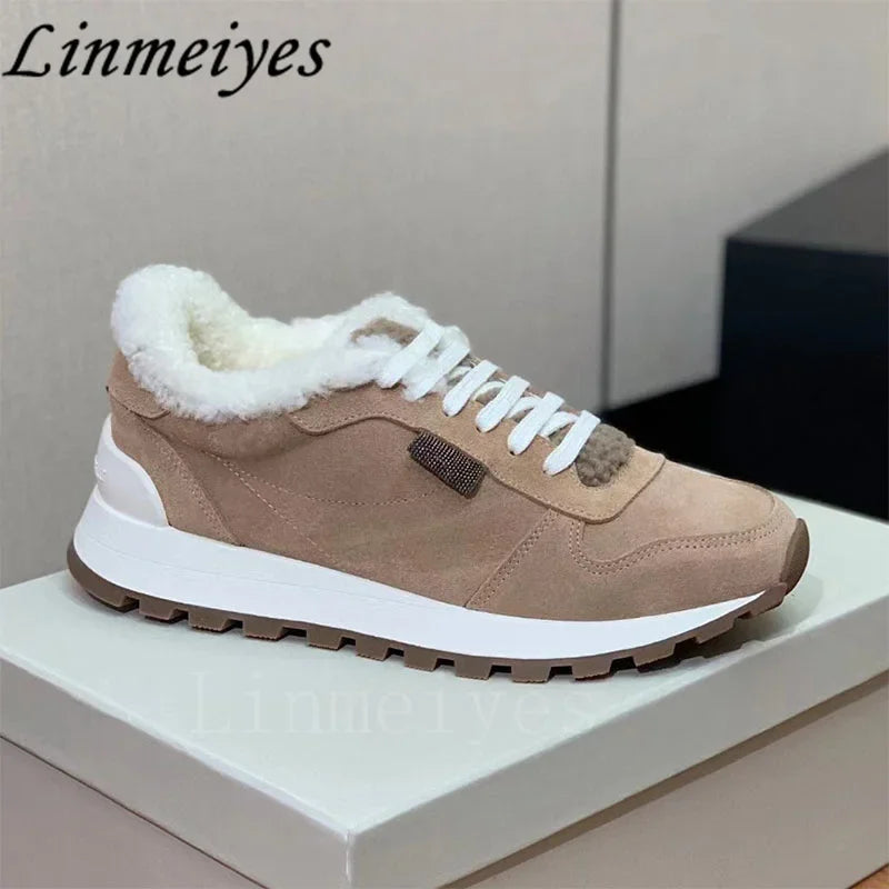 Casual Fur Sneakers Women Outdoors Run Shoes Round Toe Lace Up String Bead Flat Shoes Female Winter Wool Warm Sports Shoes Woman