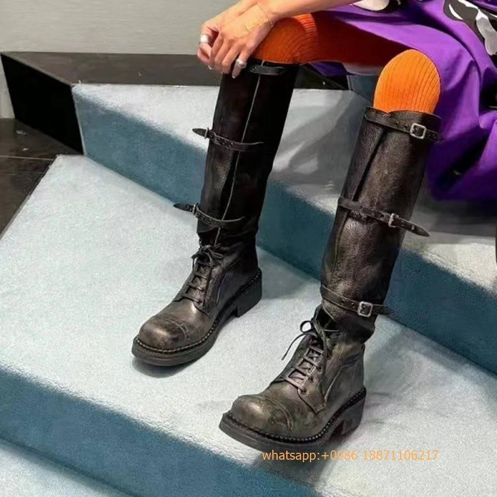 Genuine Leather Ladies Knight Boots 2025 Autumn Belt Buckle Model Catwalk Casual Long Boots Black/brown Thick Heel Casual Boots