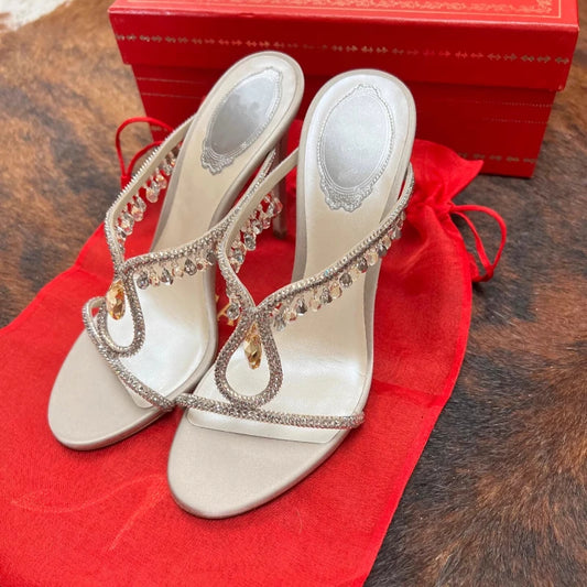 Rhinestone One-word Strap High Heels Slippers Women's 2025 New Summer Sandals Thin Heels Cool Slippers