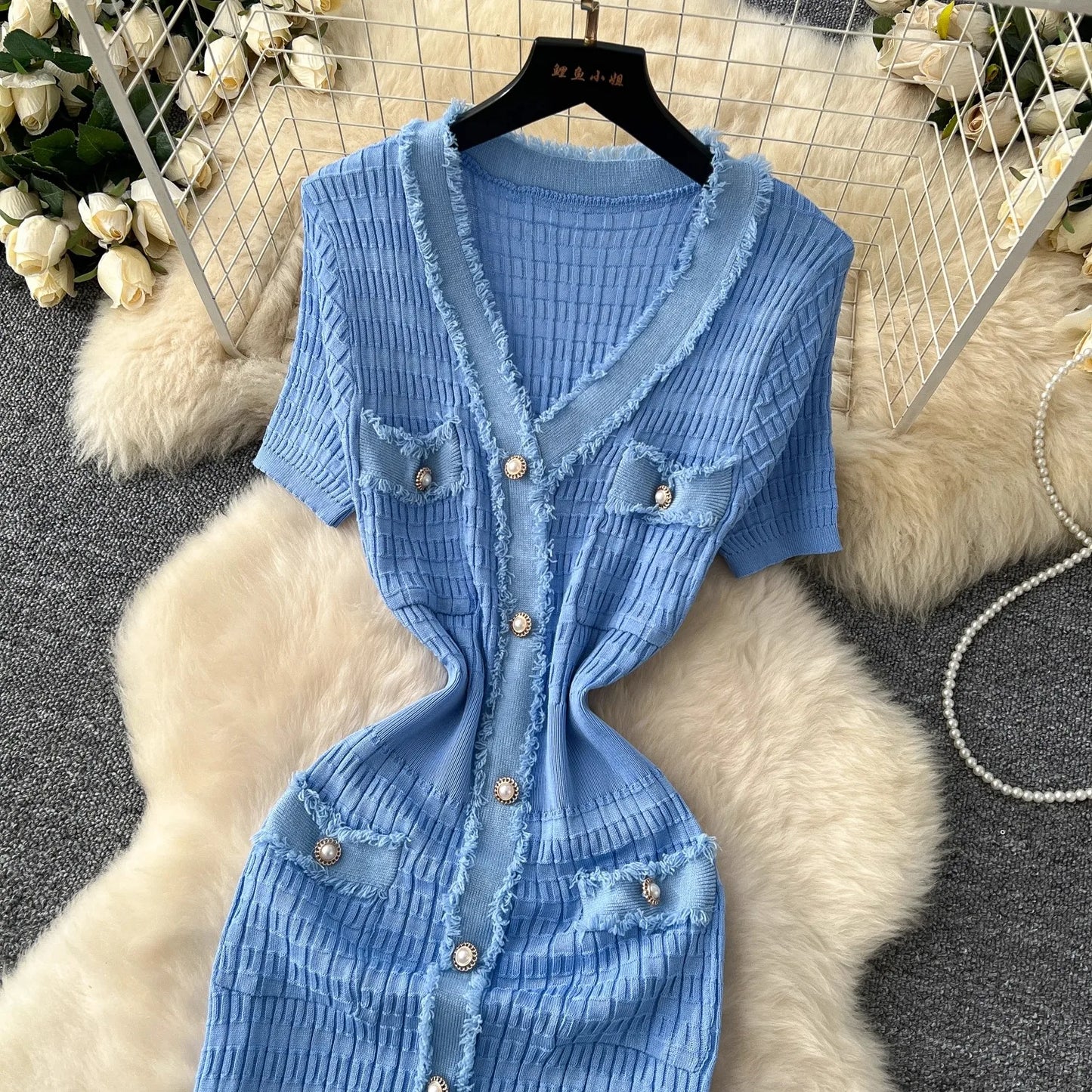 YuooMuoo Women Dress Elegant V-neck Slim Waist Wrap Hips Bodycon Sweater Dress Chic Single-breasted Office Lady Long Shirt Dress