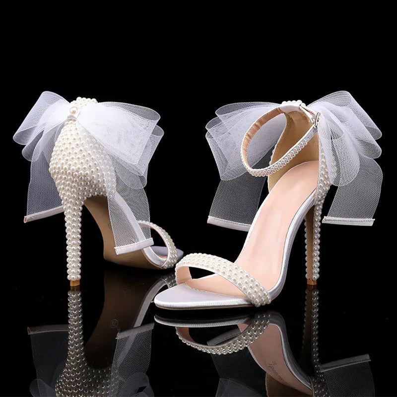 Summer New brand Fashion Bowknot Beading Women Gladiator Sandals Luxury Pearls White thin High heels Wedding Bridal Party Shoes