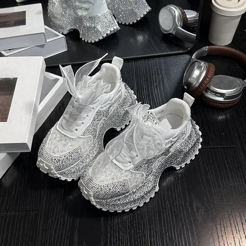 Leisure Sneakers Lace Up Breathable Platform Women Pumps High Heel Round Toe Solid Color Daily Diamonds Bowknot Comfortable