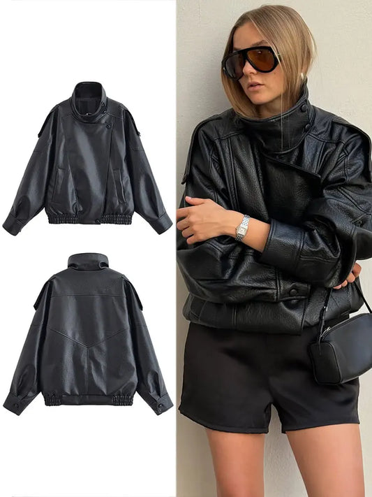 HH 2025 Autumn Women Pu Leather Jacket Vintage Solid Loose Long Sleeve Zipper Turtleneck Coat Casual Office Lady Outerwear