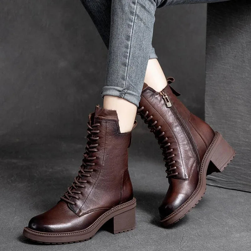 Careaymade 2025 Cow Leather Quality Women Shoes Autumn Winter Square Med Heel Ankle Boots Lace Up Zipper Ladies Pumps Size 35-40