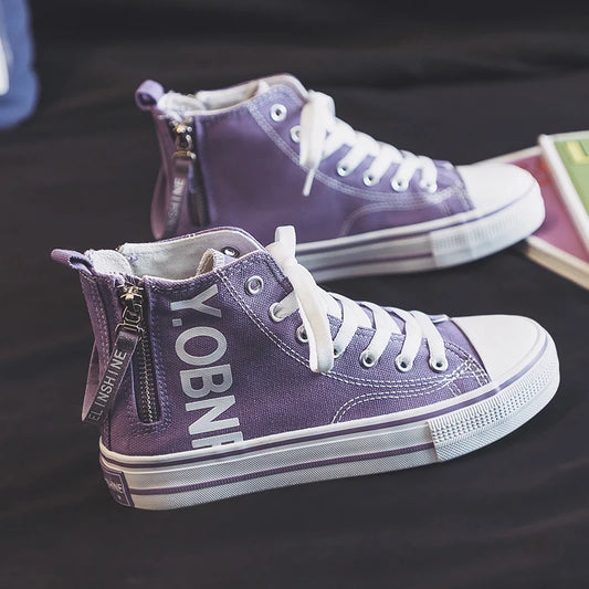 Fashion Purple Womens Canvas Shoes Spring and Autumn High Top Woman Shoes Zipper Breathable Canvas Sneakers Women Vulcanize Shoe