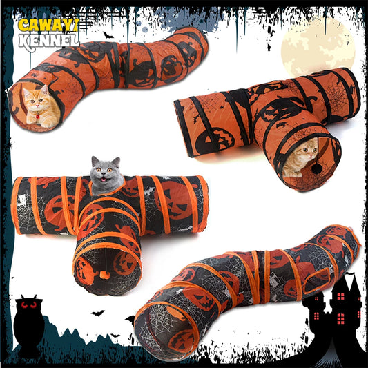 S/T Shape Halloween Print Pet Cat Tunnel Collapsible Hole Indoor Outdoor Tube Kitty Tunnel Cat Toy Space-Saving Cat Training Toy