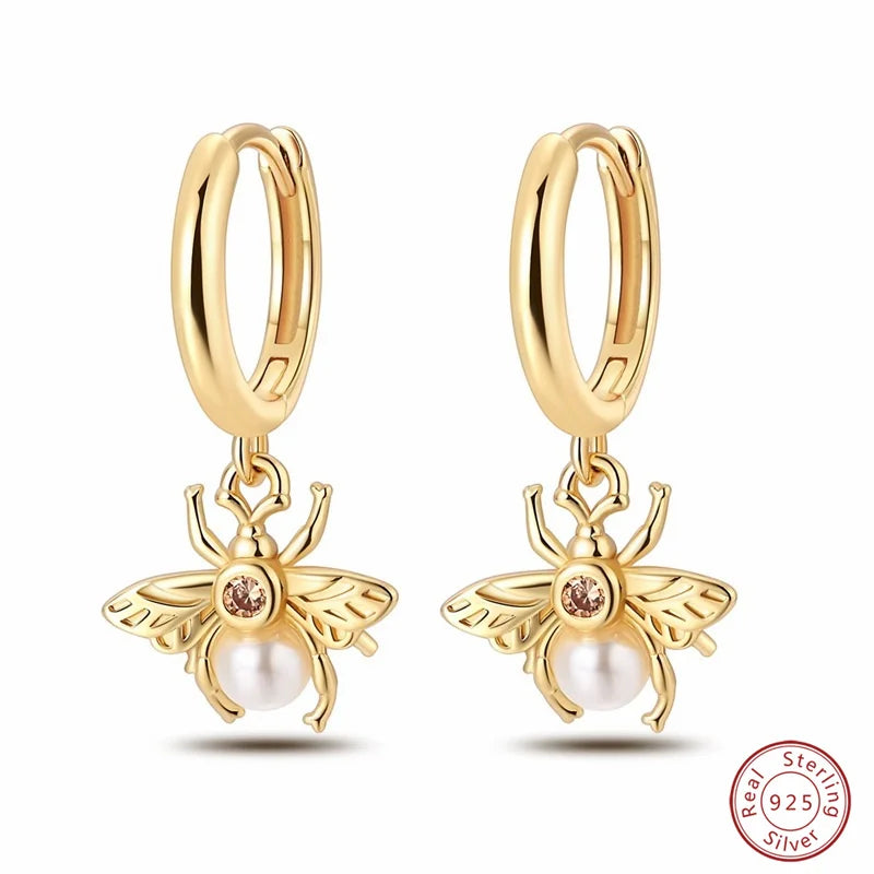 New in 925 Silver Color Gold Pearl Bee Irregularity Star Moon Earrings For Women 2024 Trending Fashion Jewelry Birthday Gifts