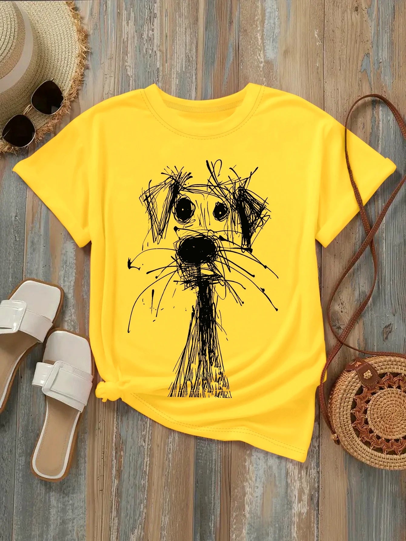 Women's Fashion Printed T-Shirt with Fun Dog Sketch Design Soft Round Neck Short Sleeve Casual Style for Daily Summer Clothing
