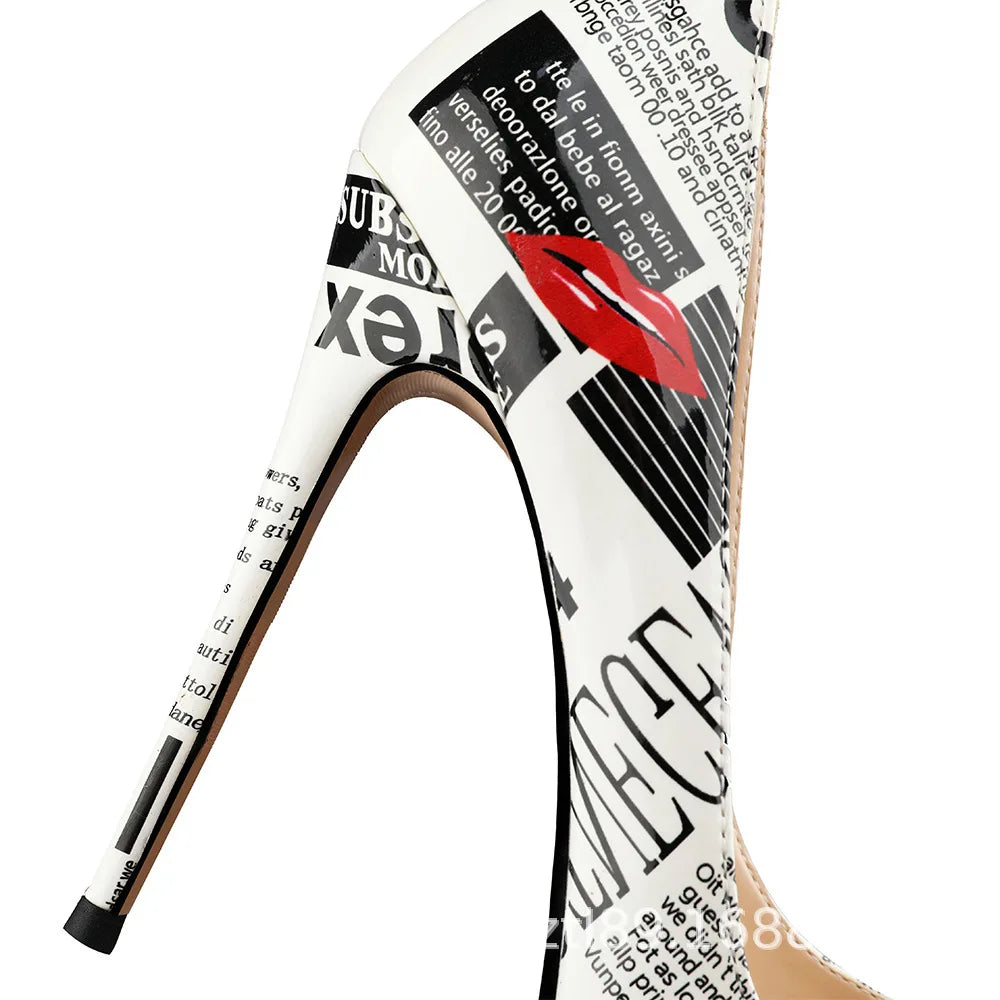 New Fashion White Artistic Graffiti Print Pointed Toe High Heel Shoes 8-12CM Women Sexy Stiletto Party Dress Shoes Plus Size 45