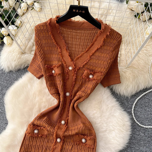 YuooMuoo Women Dress Elegant V-neck Slim Waist Wrap Hips Bodycon Sweater Dress Chic Single-breasted Office Lady Long Shirt Dress