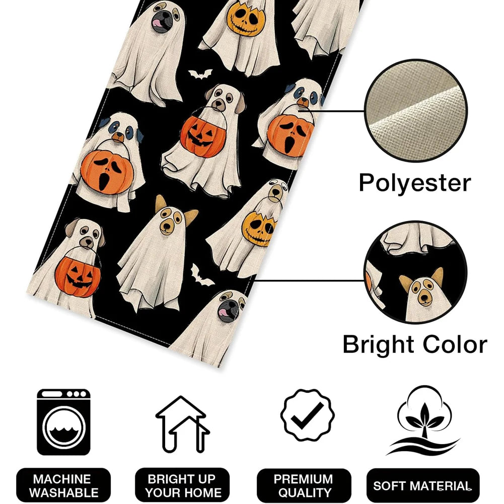 Ghost Dog Table Runner Halloween Lantern Pumpkin Bat Kitchen Dining Table Decoration Kitchen Dining Table Decor Washable