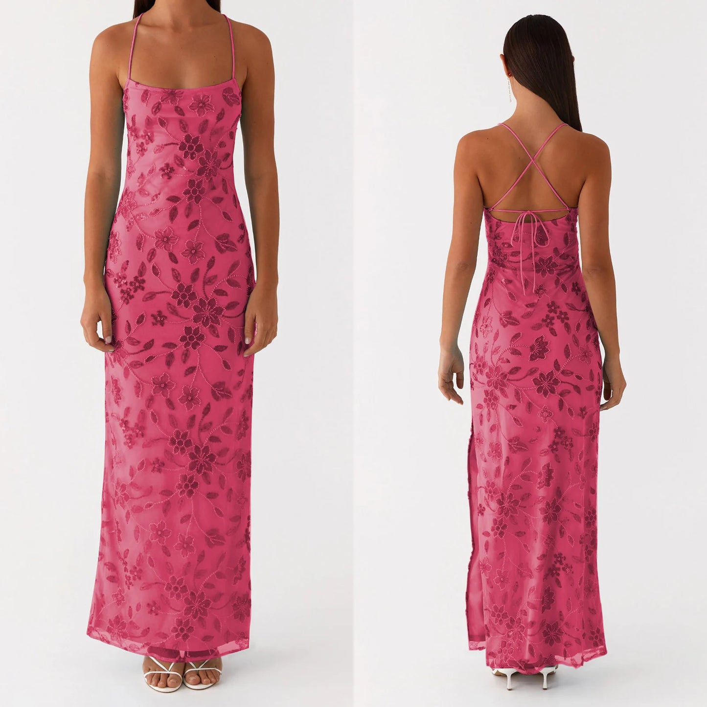 2025 Women Beaded Flower Cami Dress Slim Glitter Sequin High Split Spaghetti Strap Open Back Long Dress for Party Club Vestidos