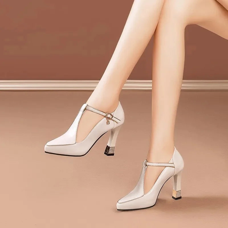 2024 Spring Vintage Fashion Women's Pointed Toe Shallow Sole One-Piece Buckle Mary Sandals High Heels Polyurethane Leather