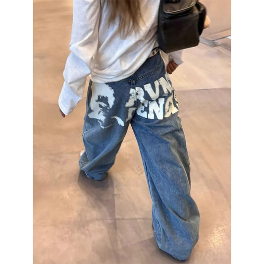 Autumn Women's Blue Y2k Baggy Jeans Harajuku Vintage Printing Denim Trousers Japanese 2000s Style Jeans Pants Oversize Clothes
