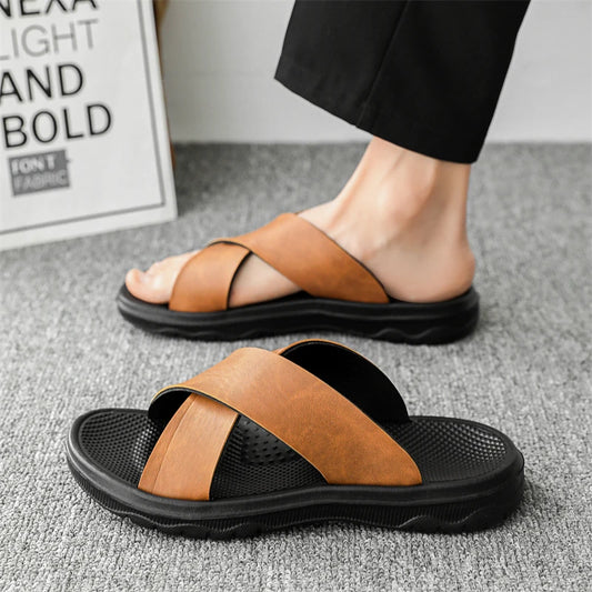 YRZL Men Casual Sandals Lightweight Comfortable PU Leather Summer Slippers Non Slip Outdoor Shoes for Beach Walking Flip Flops