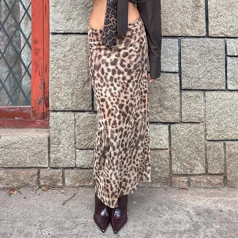 Women's tulle leopard print top shoulder straight neck and leopard print straight skirt summer casual girls two-piece set
