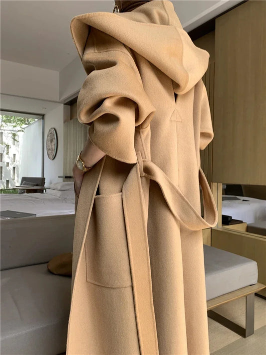 2024 Mid-Length Autumn and Winter Hooded Double Sided Cotton Cashmere Coat Female 100% Wool Loose Thick Woolen Coat