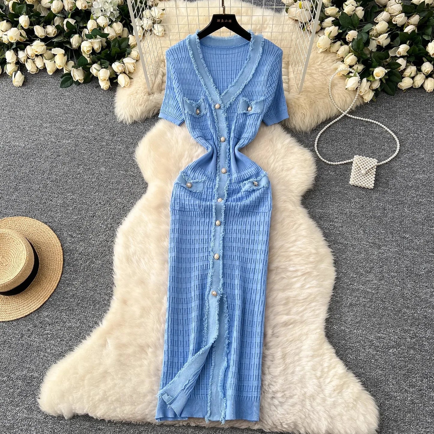 YuooMuoo Women Dress Elegant V-neck Slim Waist Wrap Hips Bodycon Sweater Dress Chic Single-breasted Office Lady Long Shirt Dress