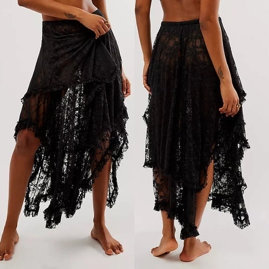 Vintage Lace Flower Women Midi Skirts Elastic High Waist Skirts Spring Summer Chic Irregular Hem Casual Female Skirts