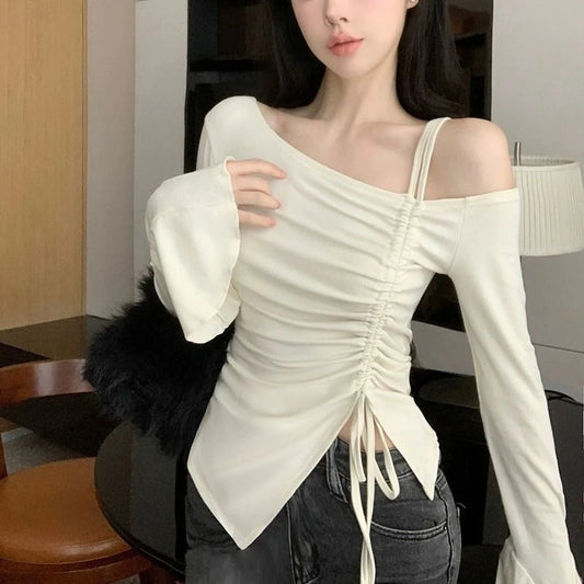 Women Spring Autumn Cotton Flare Sleeve T Shirts Solid Bodycone Basic Long Sleeve Crop Tops Casual Shirring Off-shoulder Tees